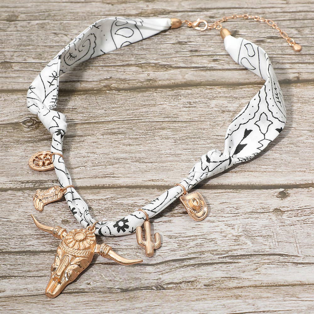 Boho Western Bull Skull Cactus Cowboy Hat Boots Charm Fabric Necklace: Navy