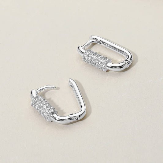 CZ Stone Paved Carabiner Huggie Hoop Earrings: Silver