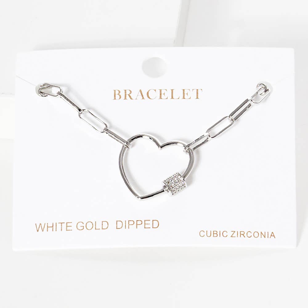 Gold Dipped CZ Open Heart Carabiner Paperclip Chain Bracelet: Silver