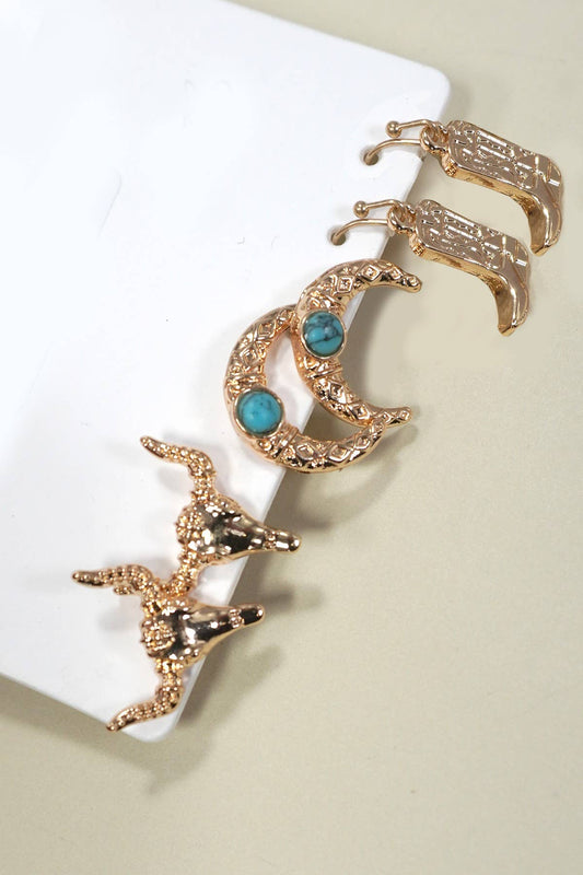 WESTERN BULL HEAD HORN BOOTS TRIO EARRINGS | 80E6035: GOLD