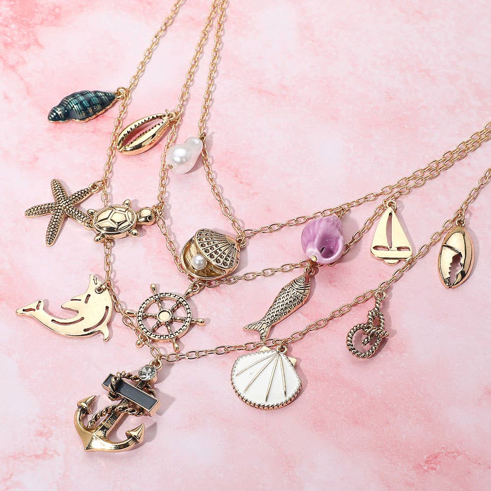 Anchor Sea Shell Pearl Dolphin Fish Rope Sea Turtle Charm Embellished Triple Layered Necklace: Antique Gold,Multi