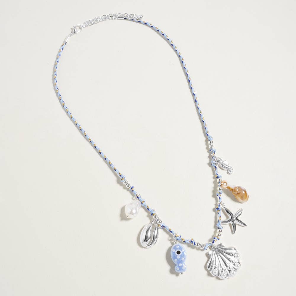 J5. Pearl Seashell Starfish Seahorse Charm Station Fabric Chain Twisted Necklace