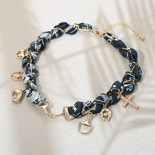 Horsebit Link Center Horse Horseshoe Pearl Cross Starburst Charm Station Fabric Necklace: Gold,Navy