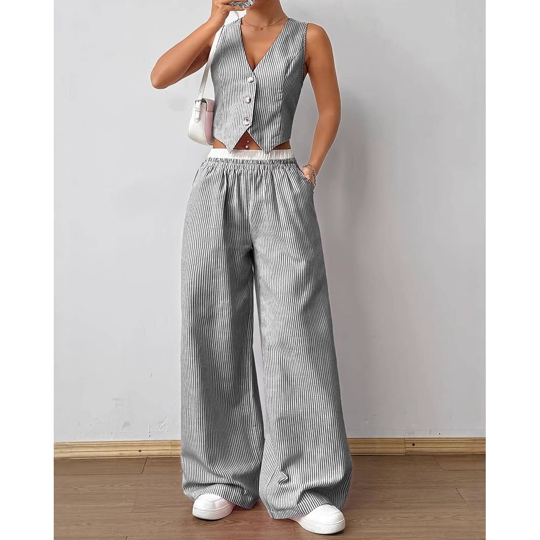 Striped Vest and Wide Leg Pants Two Piece Set