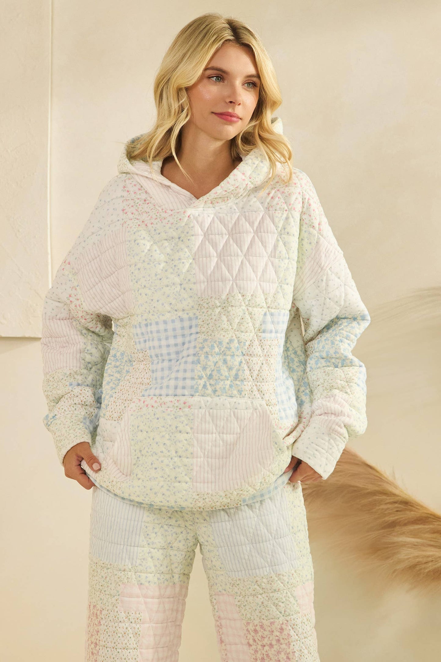 Floral textured oversized Hoodie : Pastel combo / M