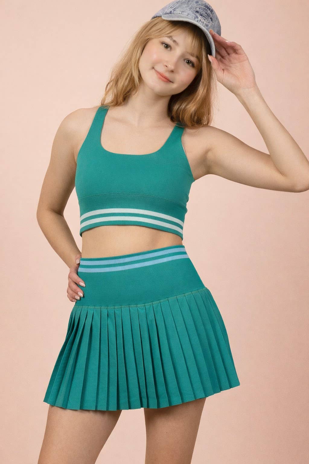 4A. Striped Band Detail Activewear Top & Skirt Set