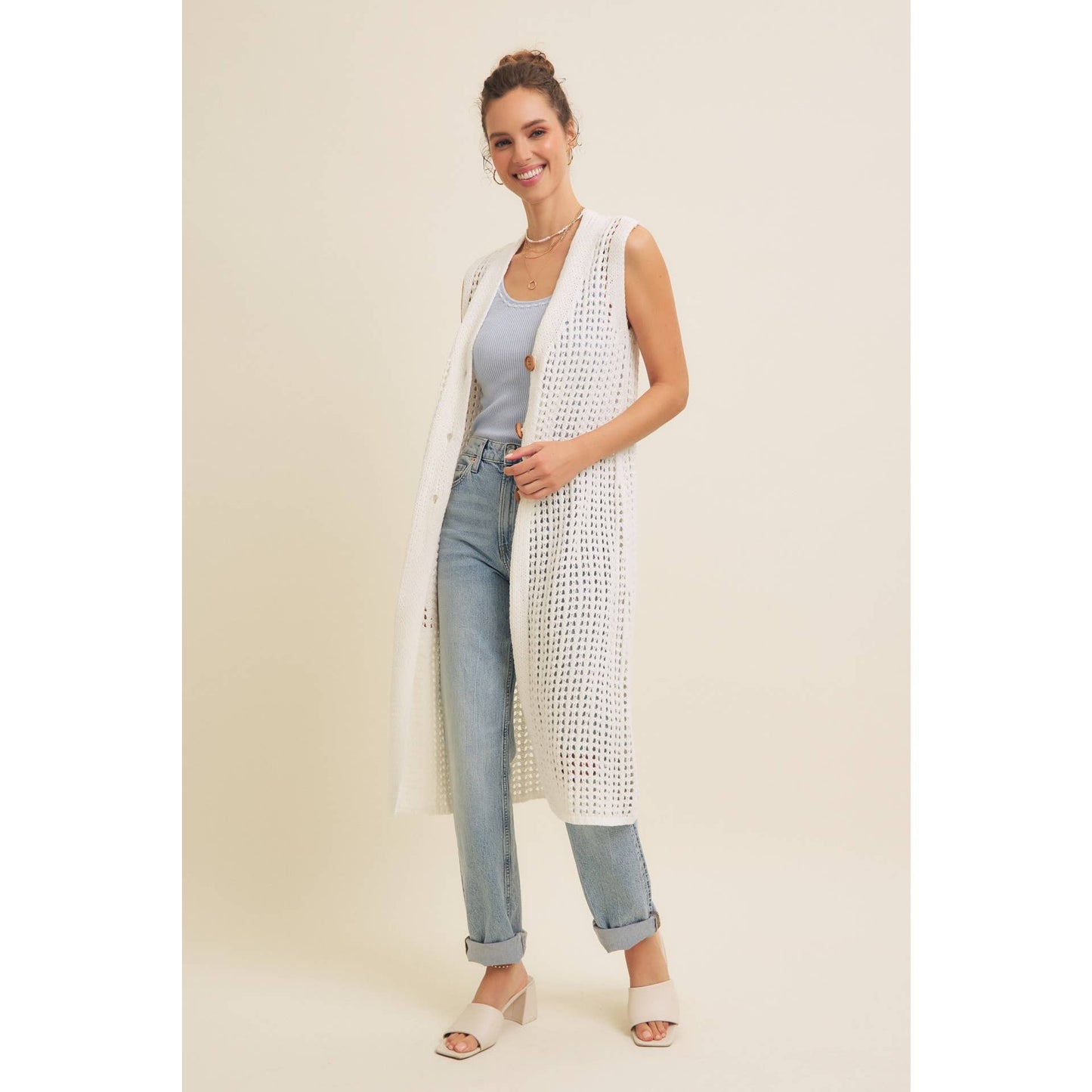 BUTTON-DOWN OPEN KNIT SLEEVELESS MIDI SWEATER CARDIGAN
