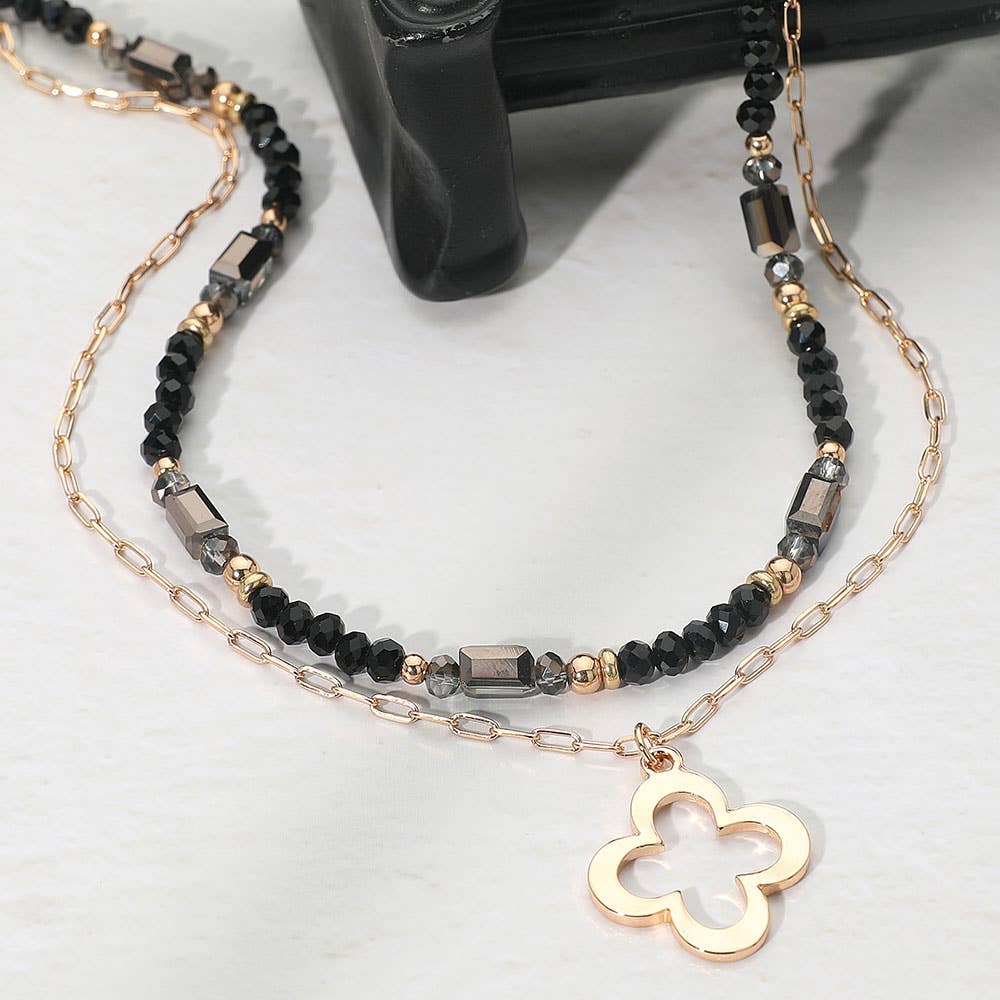 Metal Open Quatrefoil Pendant Faceted Beaded Layered Necklace