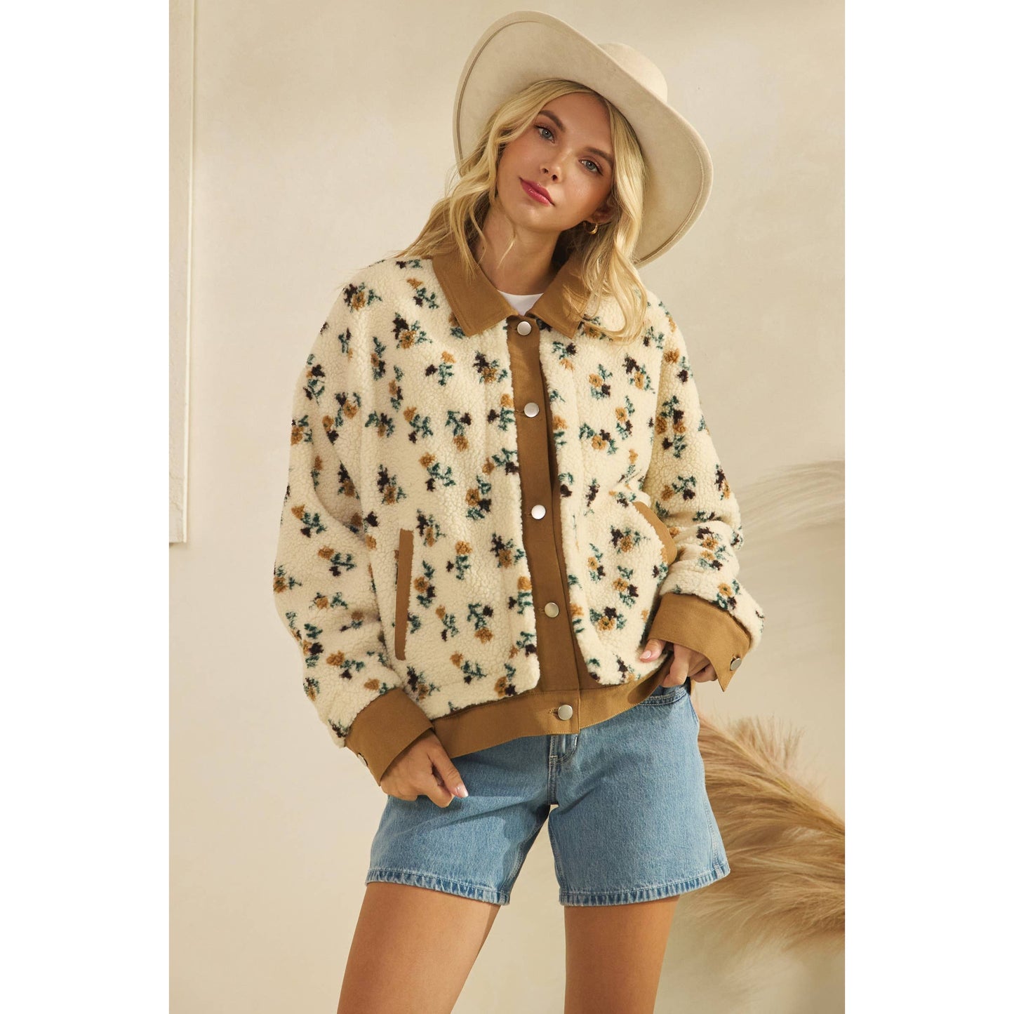 Printed Contrast Button Down Sweater: Brown / M