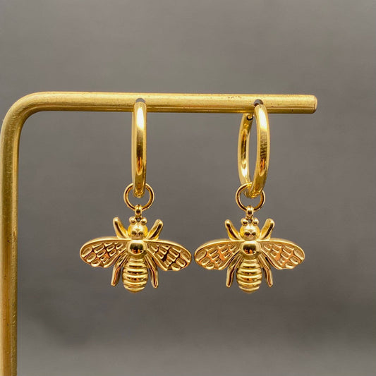 M18. 18K Gold Plated Bee Charm Huggie Earrings