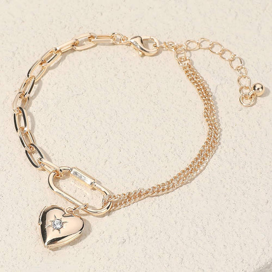 SECRET BOX_Stone Heart Locket Carabiner Charm Bracelet: Gold