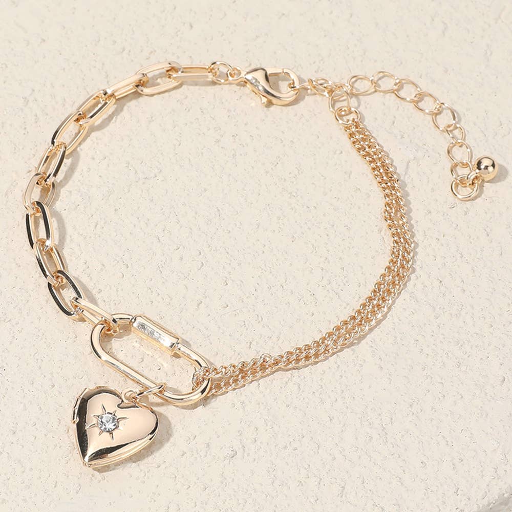 SECRET BOX_Stone Heart Locket Carabiner Charm Bracelet: Silver