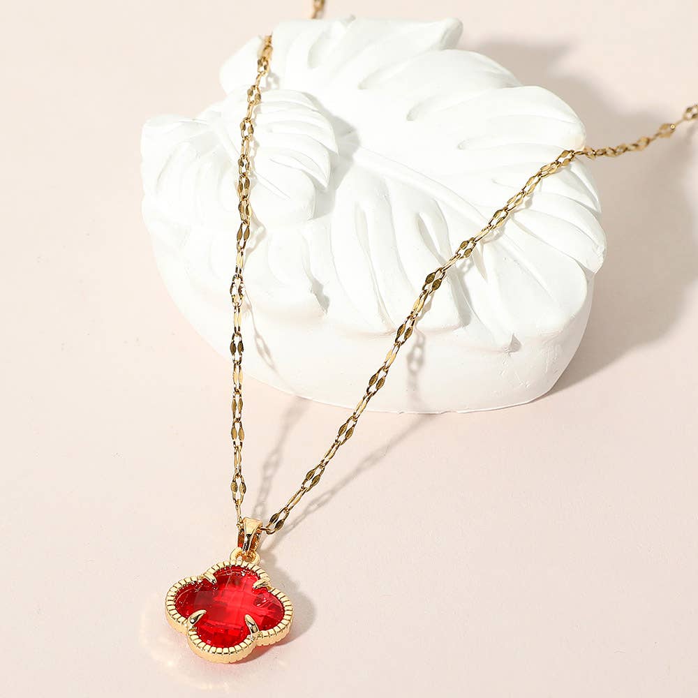 Stainless Steel Quatrefoil Stone Pendant Necklace: Red