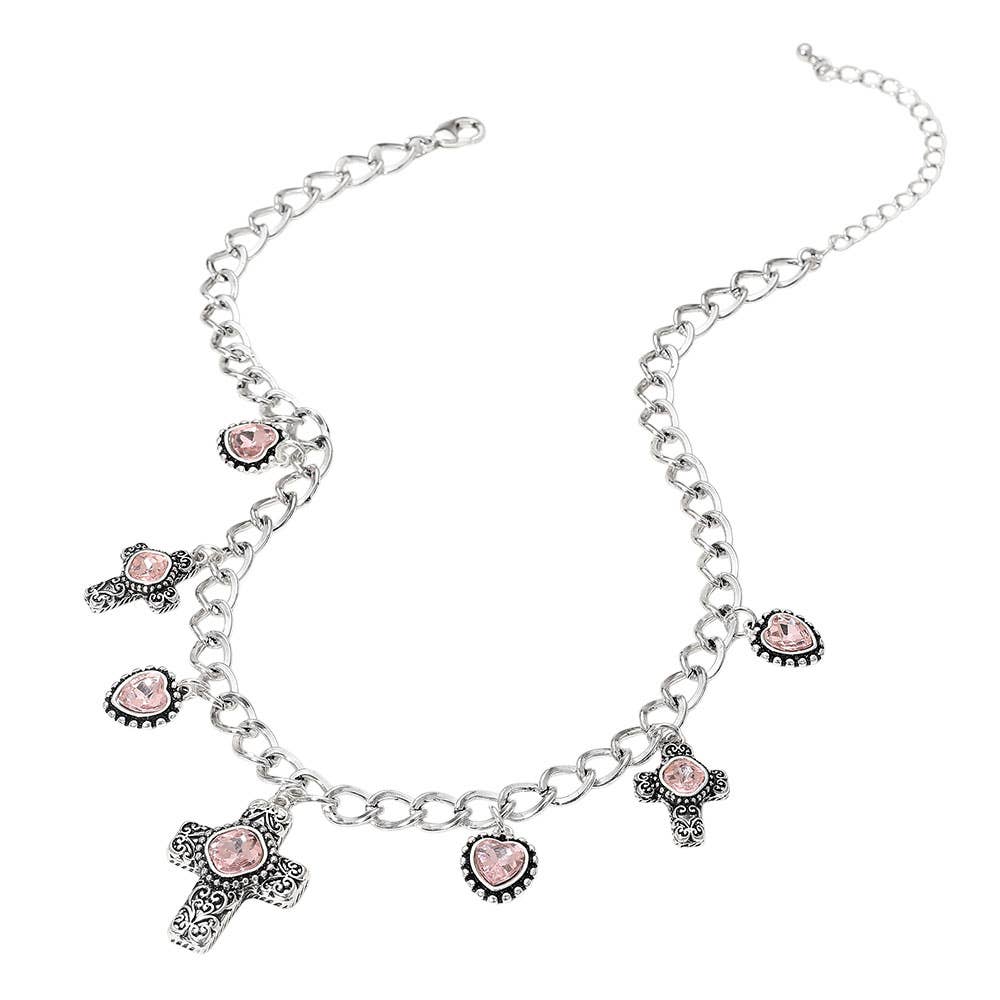 Vintage Stone Accent Cross Heart Charm Station Necklace: Antique Silver,Aqua