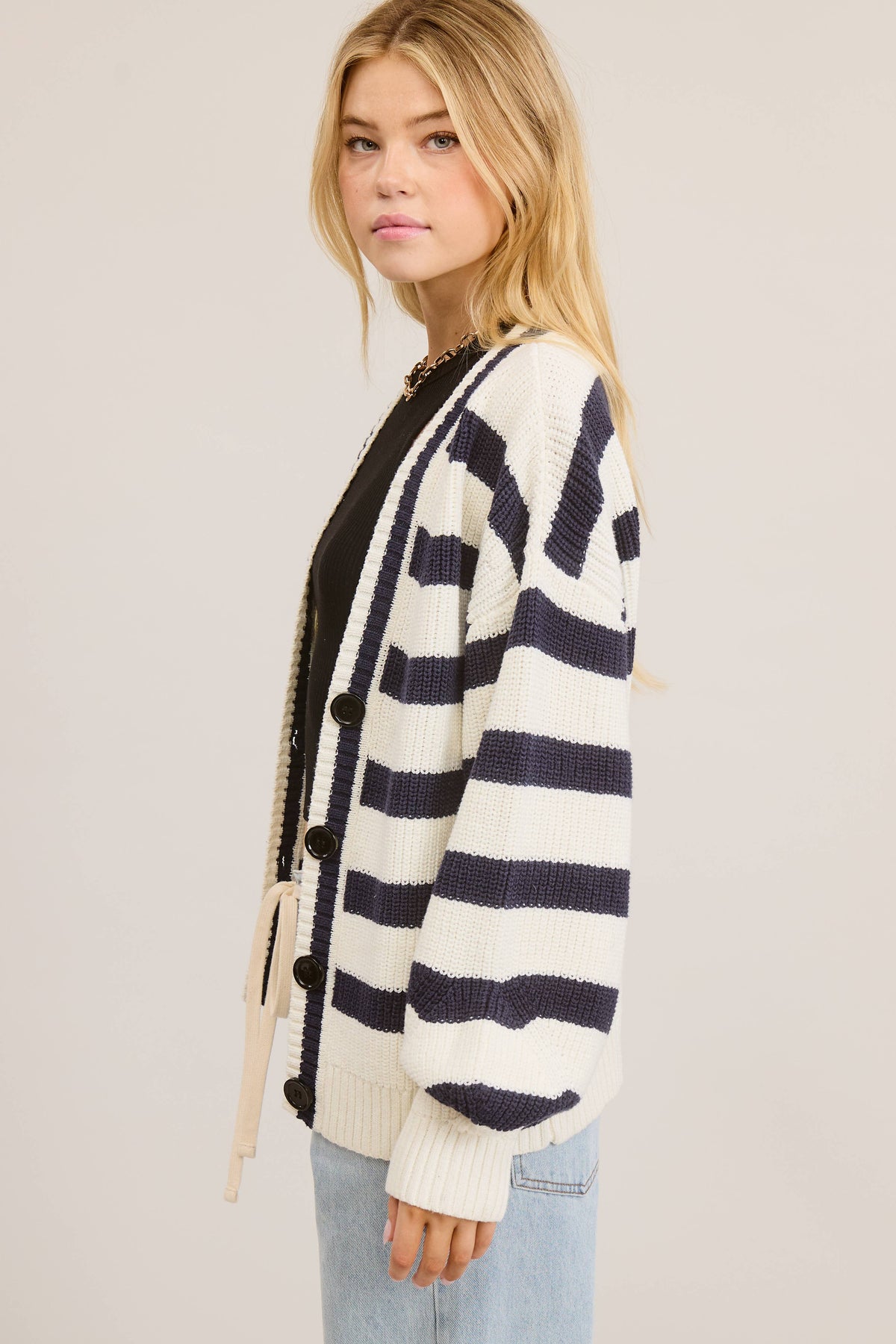 Navy Baggy Fit Stripe Knit Cardigan