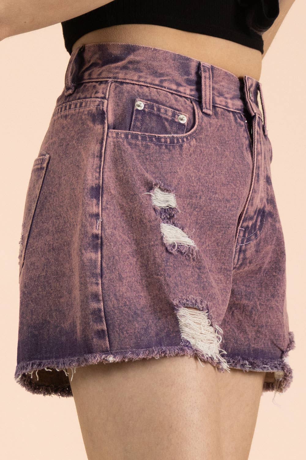VJP90066-VERY JEAN Mineral Washed Denim Distressed Shorts
