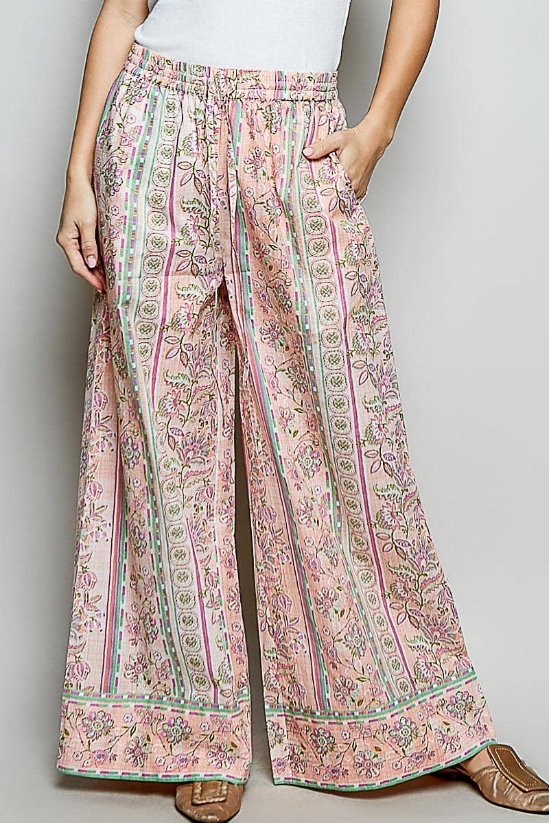 Floral Stripe Block Print Elastic Waist Wide Leg Pants