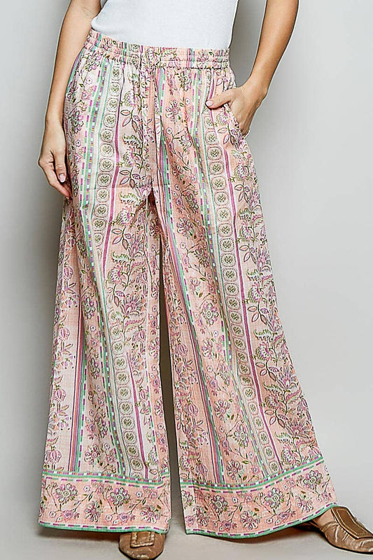Floral Stripe Block Print Elastic Waist Wide Leg Pants