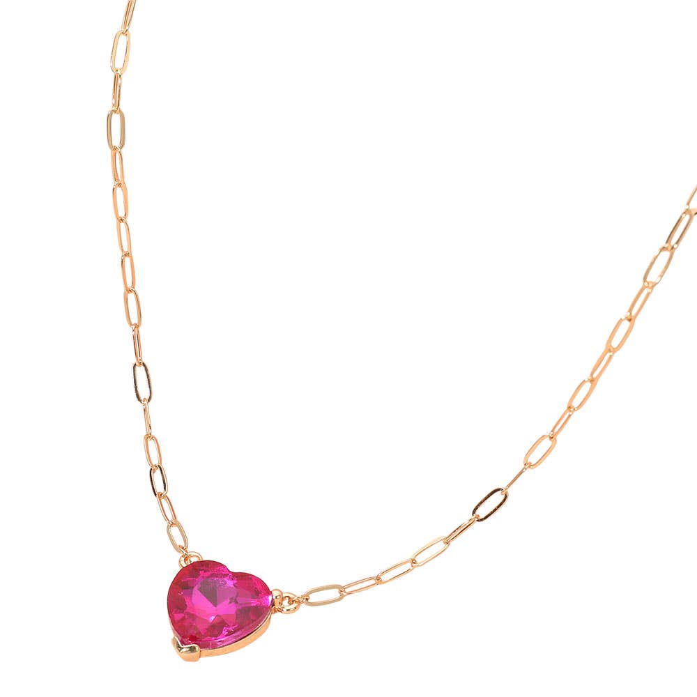 J38. Heart Stone Pendant Paperclip Chain Necklace