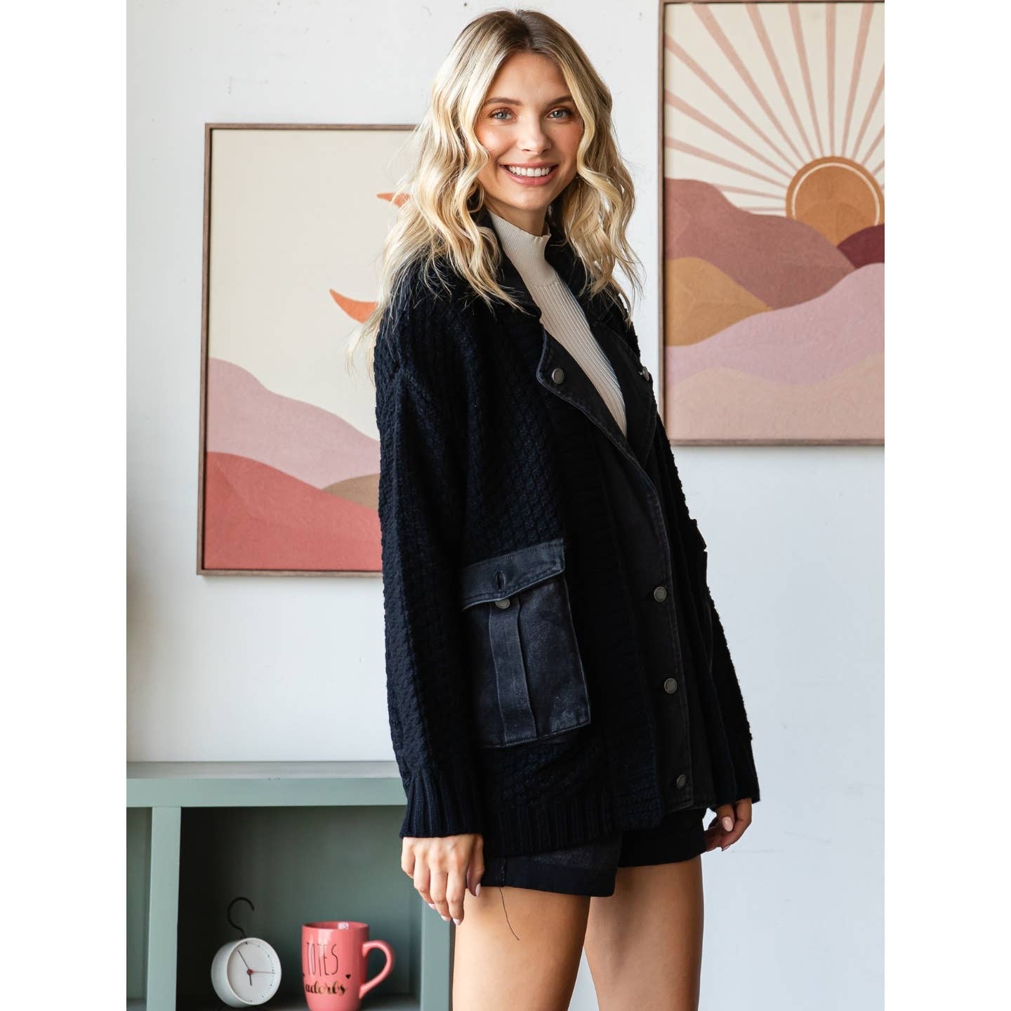 Knit Body Denim Layerd Jacket: Grey / Denim / S