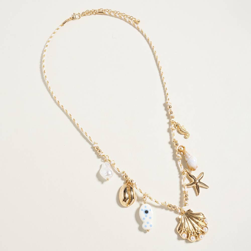 J5. Pearl Seashell Starfish Seahorse Charm Station Fabric Chain Twisted Necklace