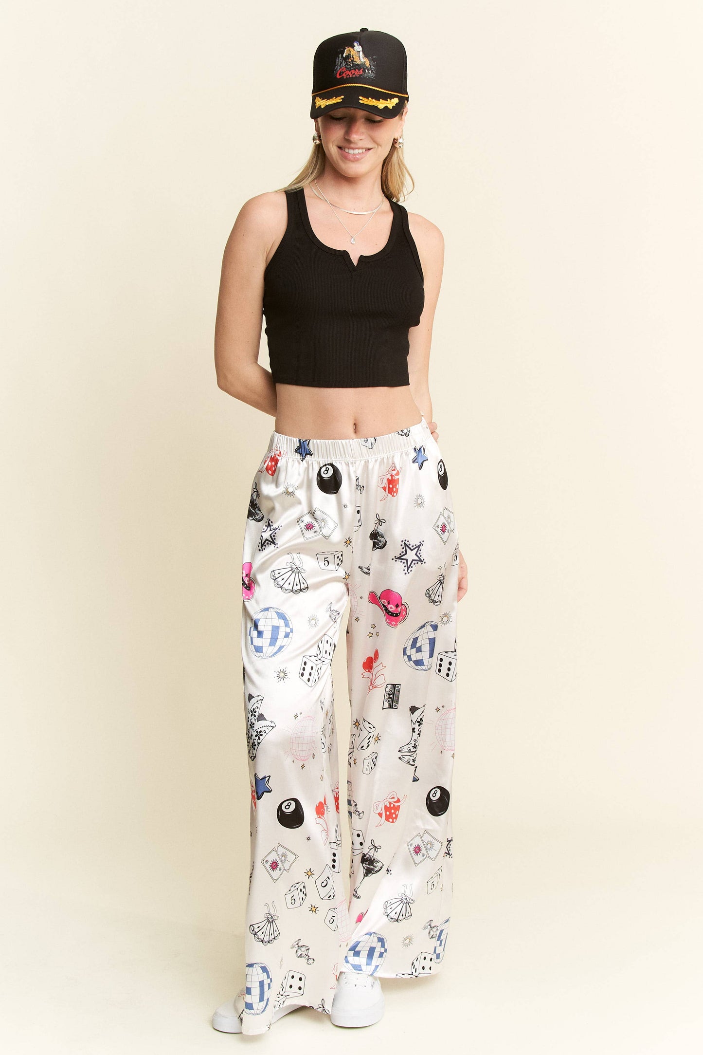 PARTY COLLAGE SATIN PANTS: Black / M
