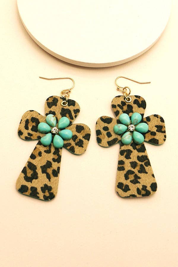 BOHO FAUX LEATHER CROSS WITH STONE EARRINGS | 51E1093006: TURQ