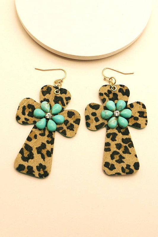 BOHO FAUX LEATHER CROSS WITH STONE EARRINGS | 51E1093006: TURQ