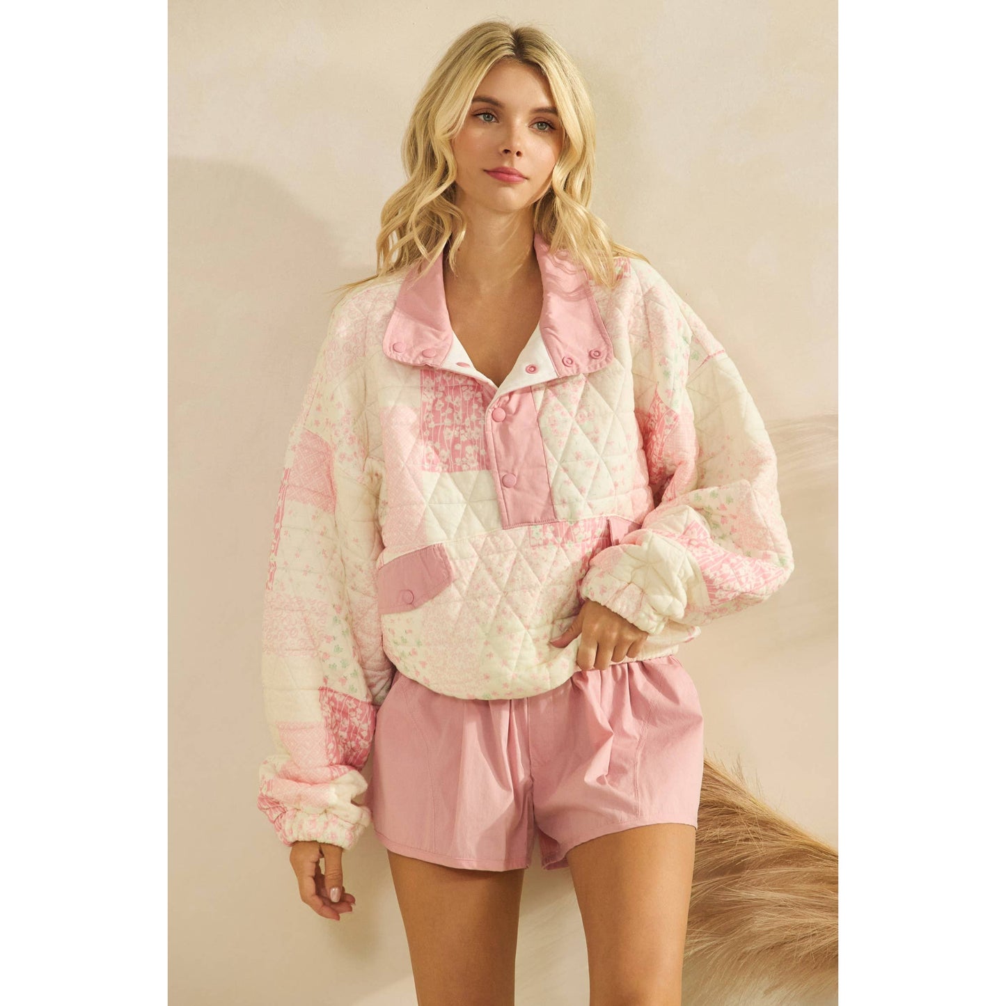 Textured Contrast printed Quarterzip Sweater: Pink Combo / L