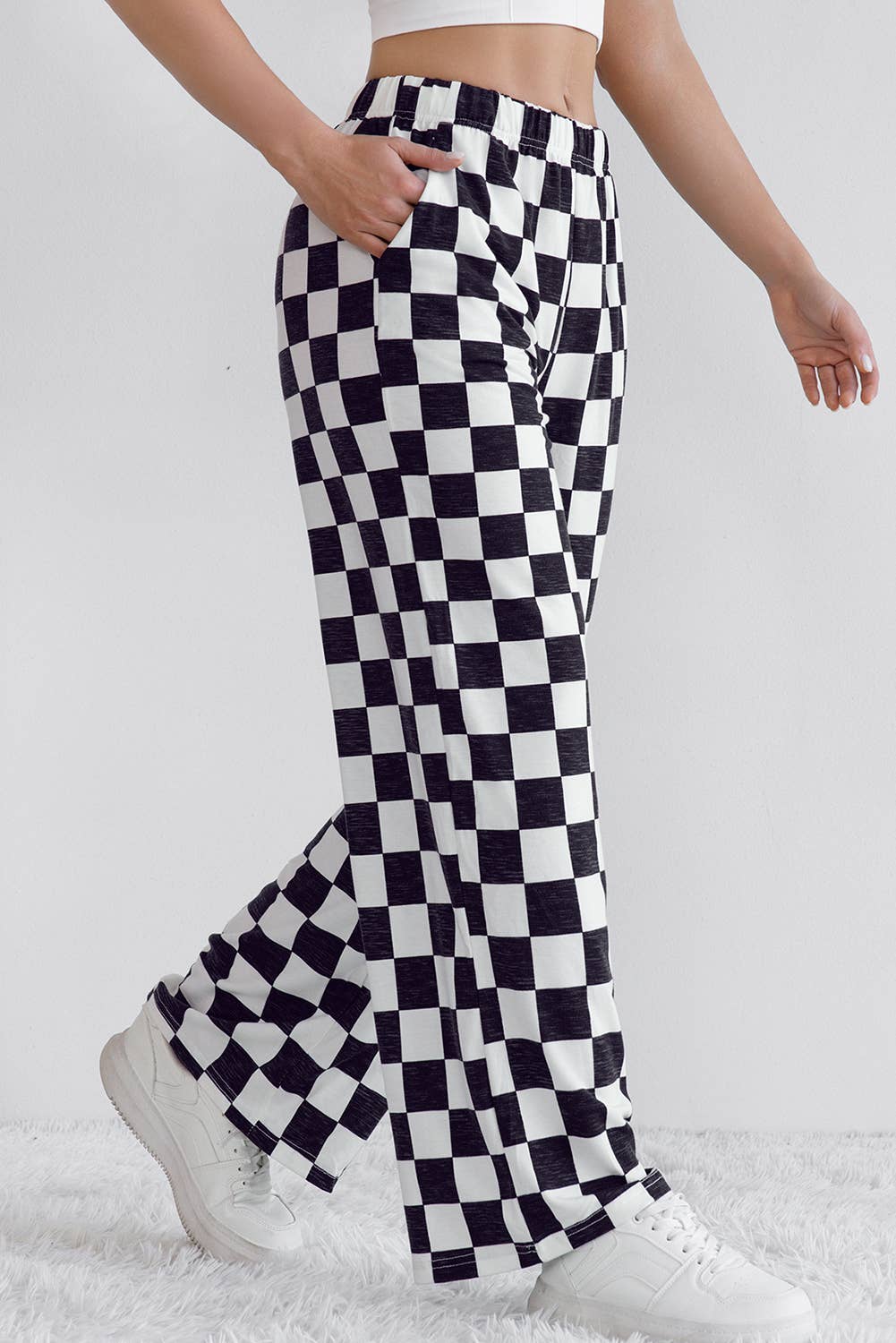 LA SOCIETY Checkered Print High Waist Wide Leg Pants Bottoms