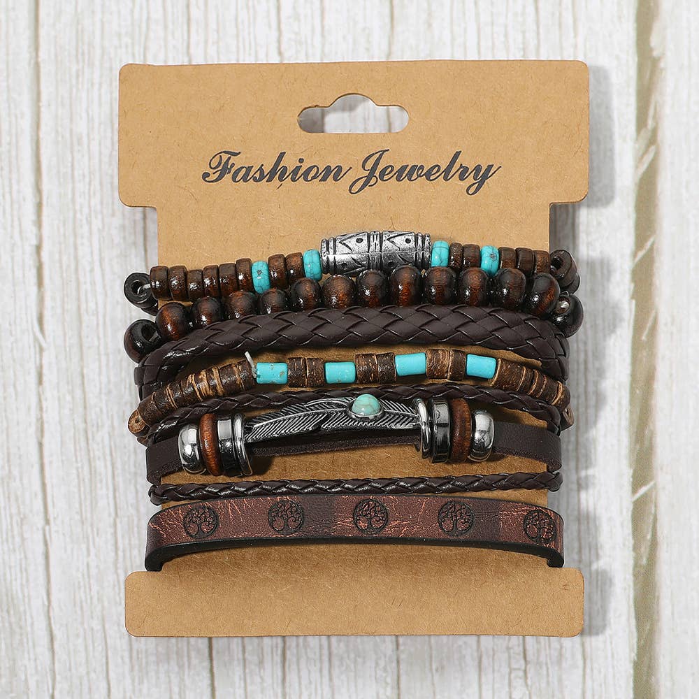 6PCS - Boho Western Feather Charm Accent Braided Adjustable Wooden Beaded Stretch Multi Layered Bracelets