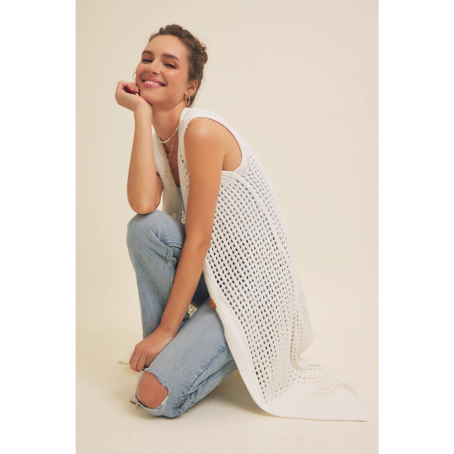 BUTTON-DOWN OPEN KNIT SLEEVELESS MIDI SWEATER CARDIGAN