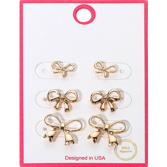 3Pairs - Gold Dipped Graduated Size Metal Bow Stud Earring Set