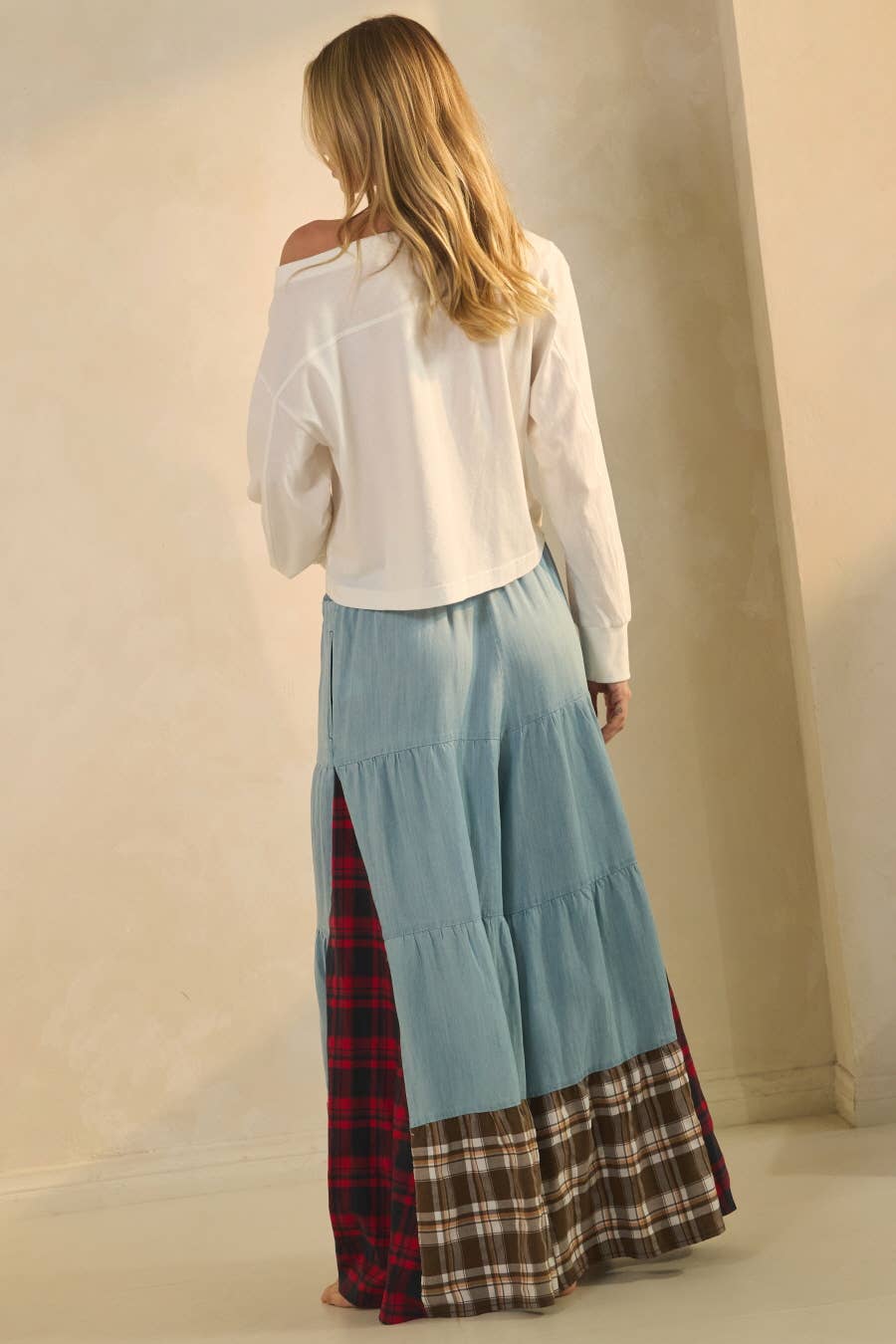 Color Block Tiered Pants: Washed Chambray / S