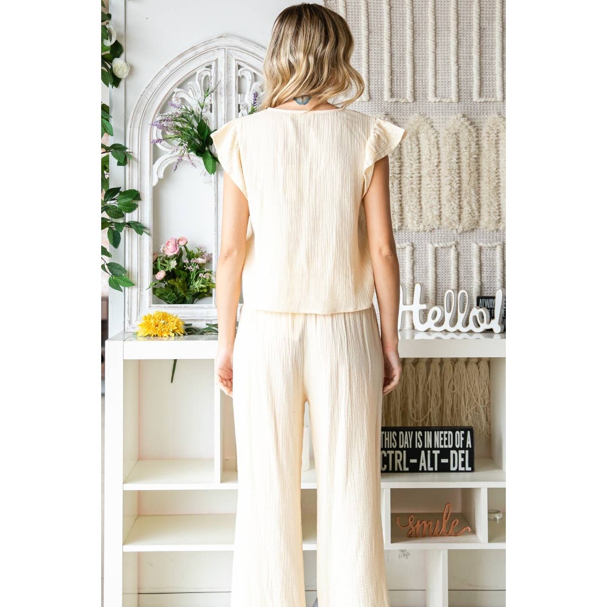 Ruffle Sleeve Linen feel Top and Pants Set