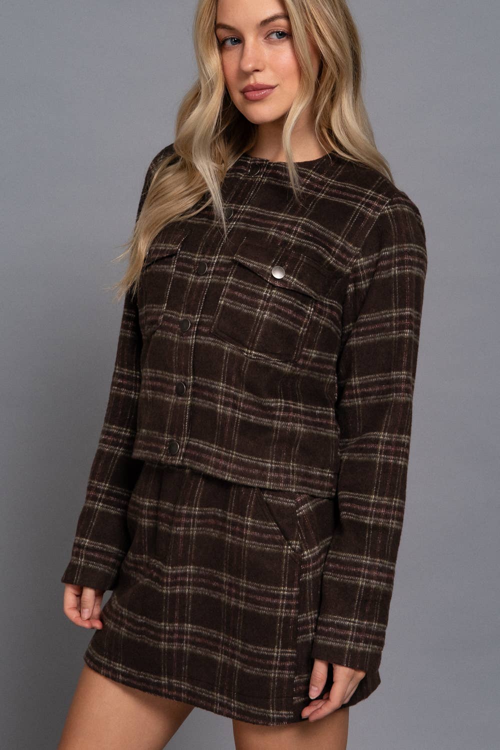 Long Sleeve Round Neck Brushed Plaid Jacket