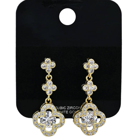 Gold Dipped Quatrefoil CZ Stone Drop Earrings: Gold