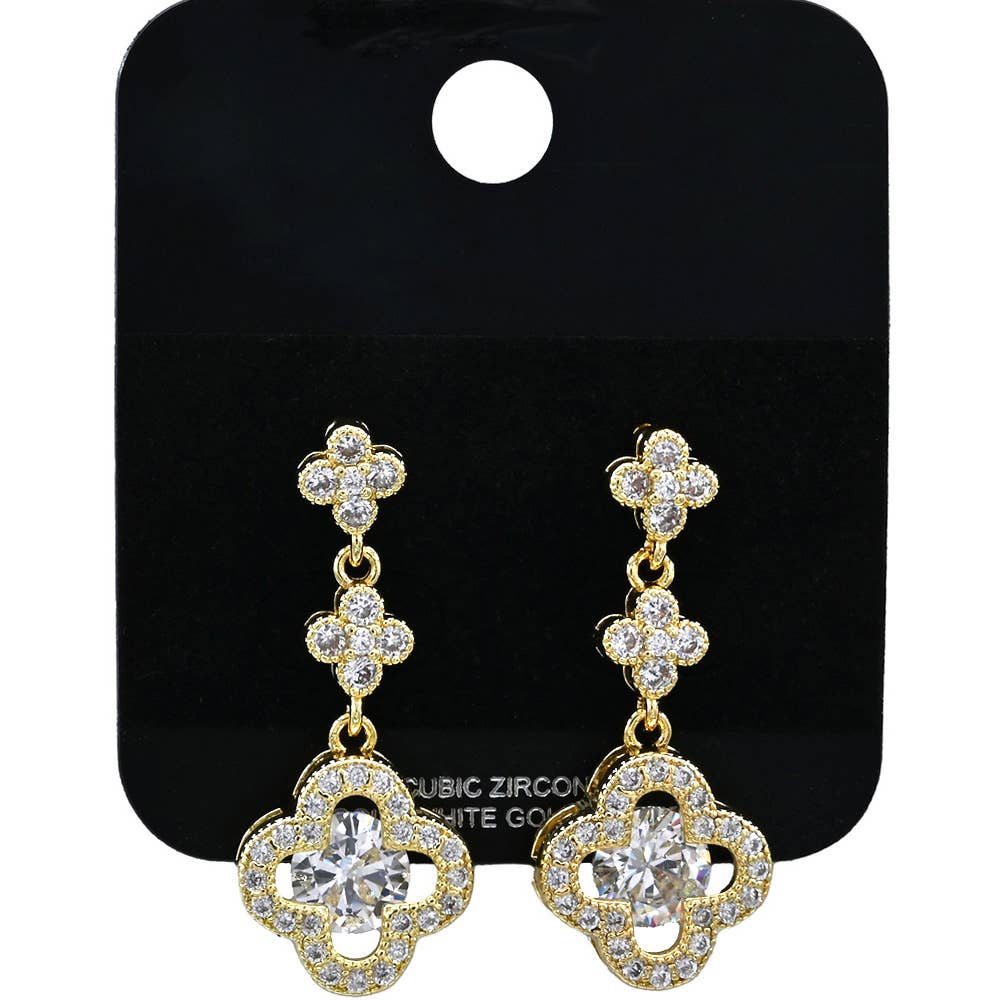 Gold Dipped Quatrefoil CZ Stone Drop Earrings: Rhodium