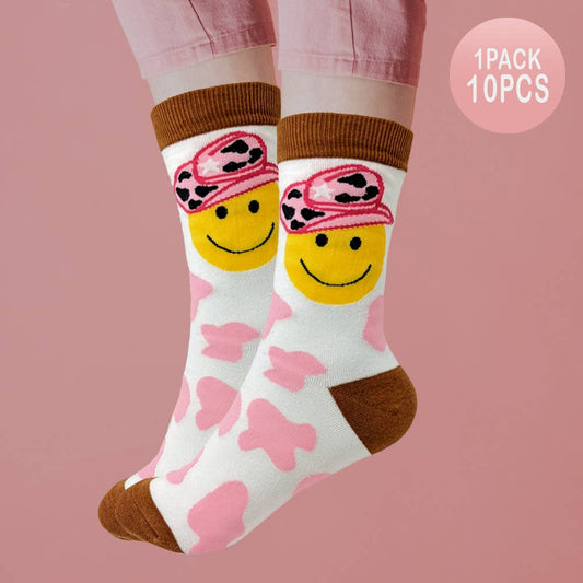 10Pairs - Animal Patterned Hat Smile Cow Socks
