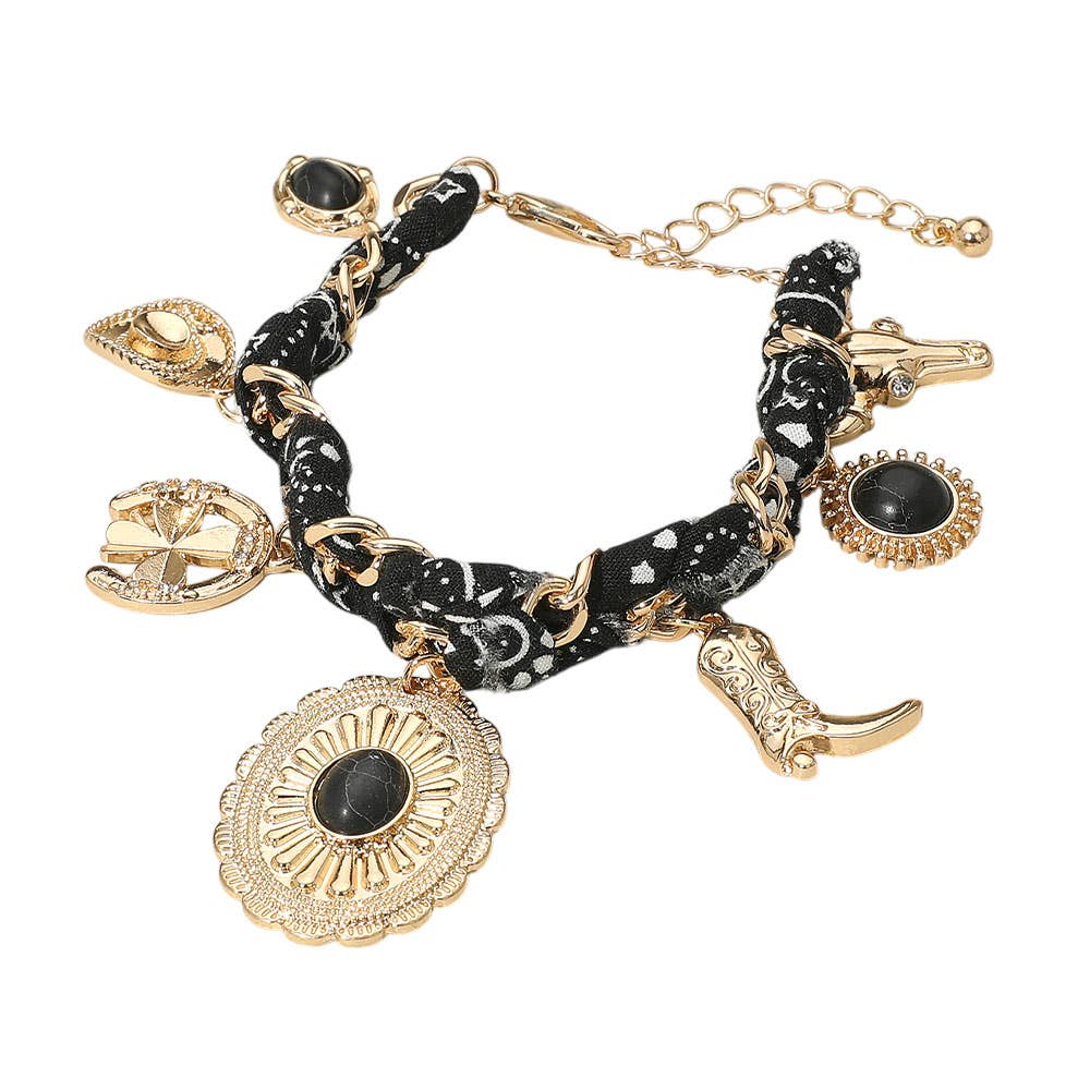 Western Cowboy Hat Boot Charm Station Fabric Chain Bracelet: Black,Gold