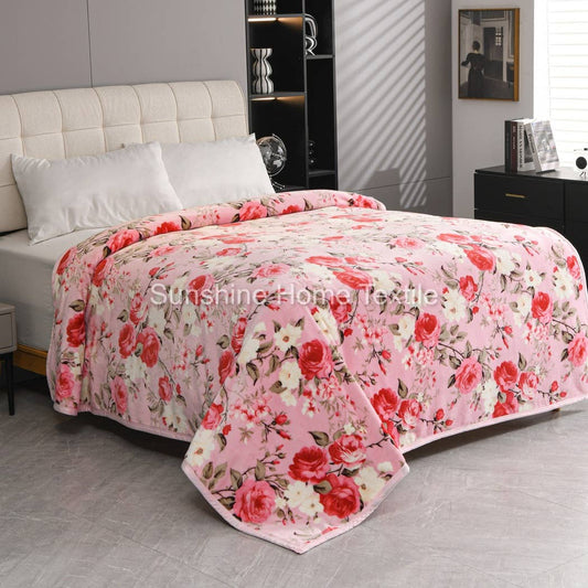 Pink Floral Print King Size Super Soft Plush Blanket