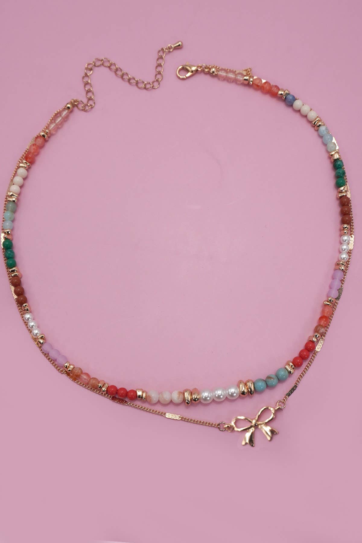 MULTI BEADED BOW CHARM DOUBLE LAYER NECKLACE | 80N91498: Gold