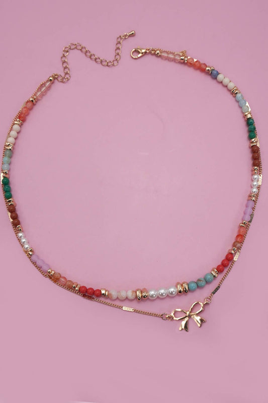 MULTI BEADED BOW CHARM DOUBLE LAYER NECKLACE | 80N91498: Gold