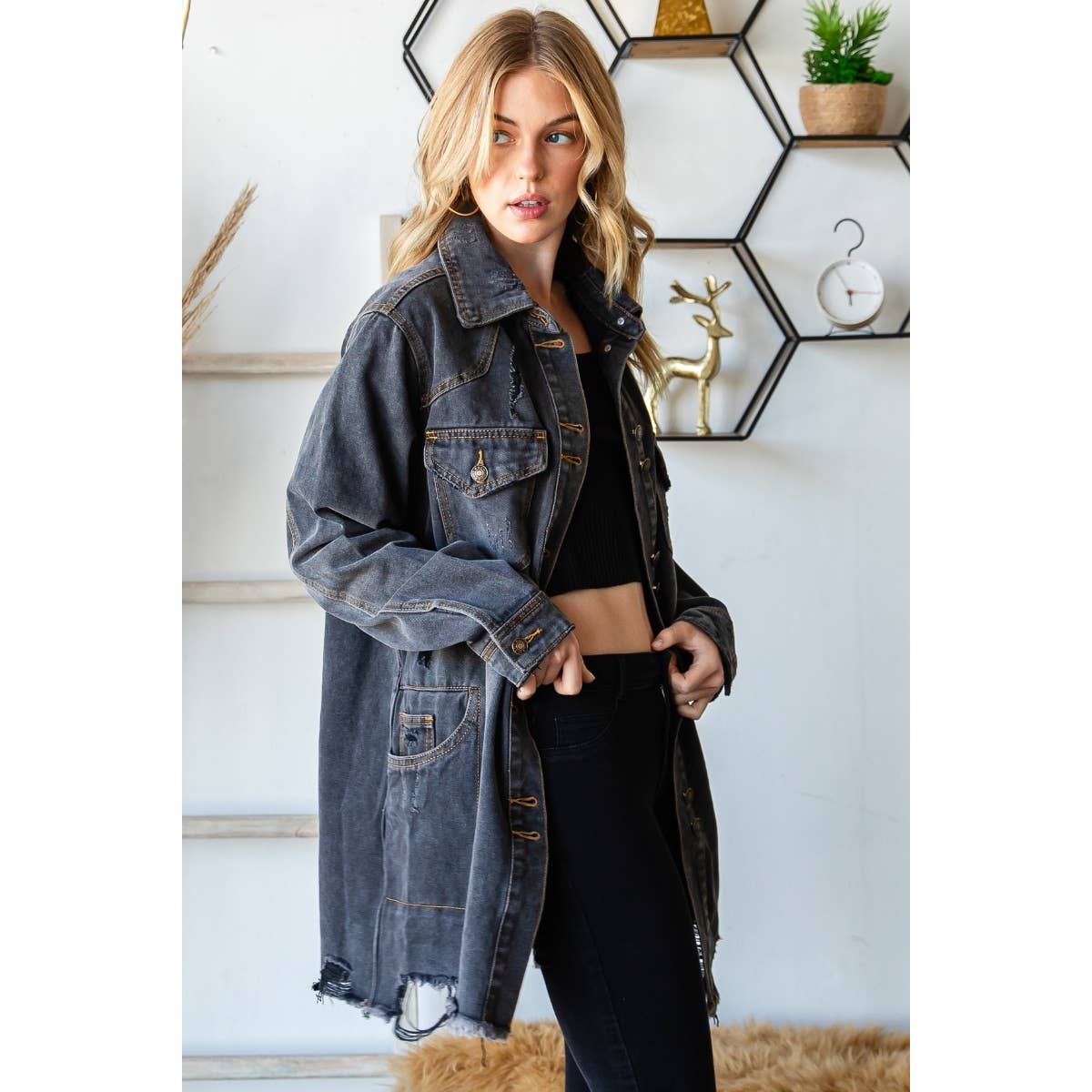 Medium Washed Denim Western Shirts Jacket: Medium Wash / S