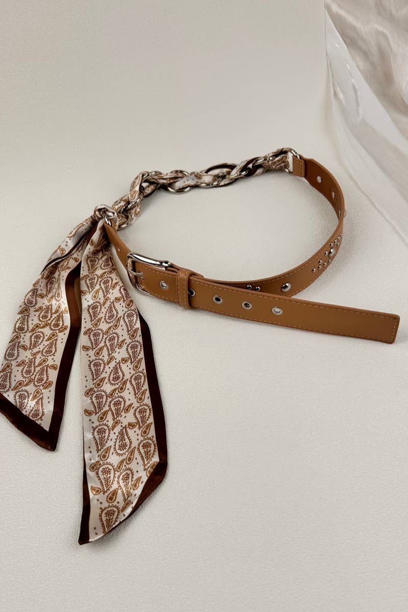Studded Vegan Leather Belt – Satin Accent Waistband