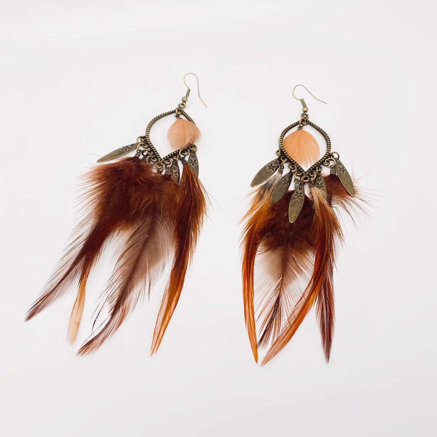 Bohemian Feather Metal Tassel Dangle Earrings