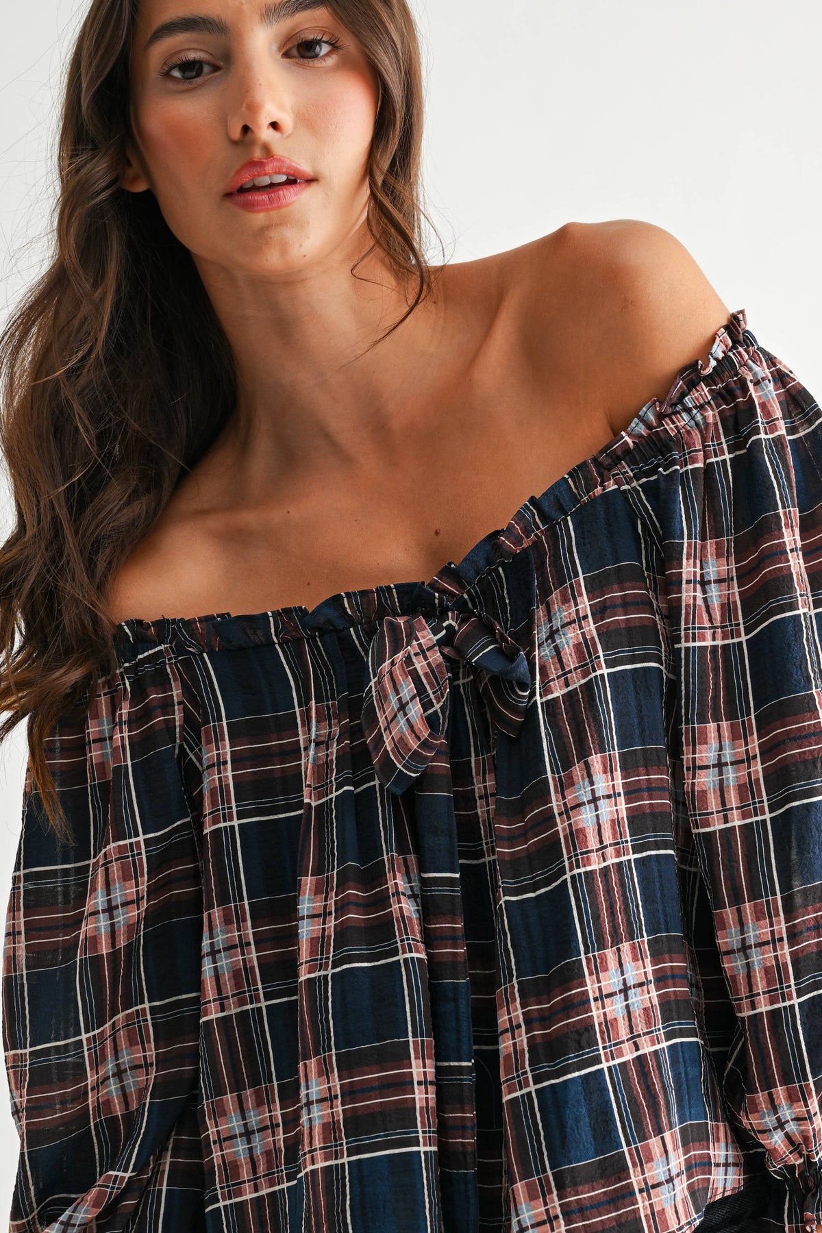 CET26536A Plaid Off-Shoulder Tie Top