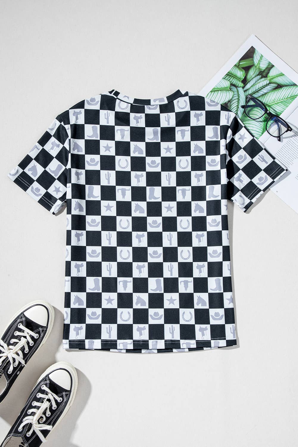 Western Fashion Checkerboard Print Side Split T Shirt