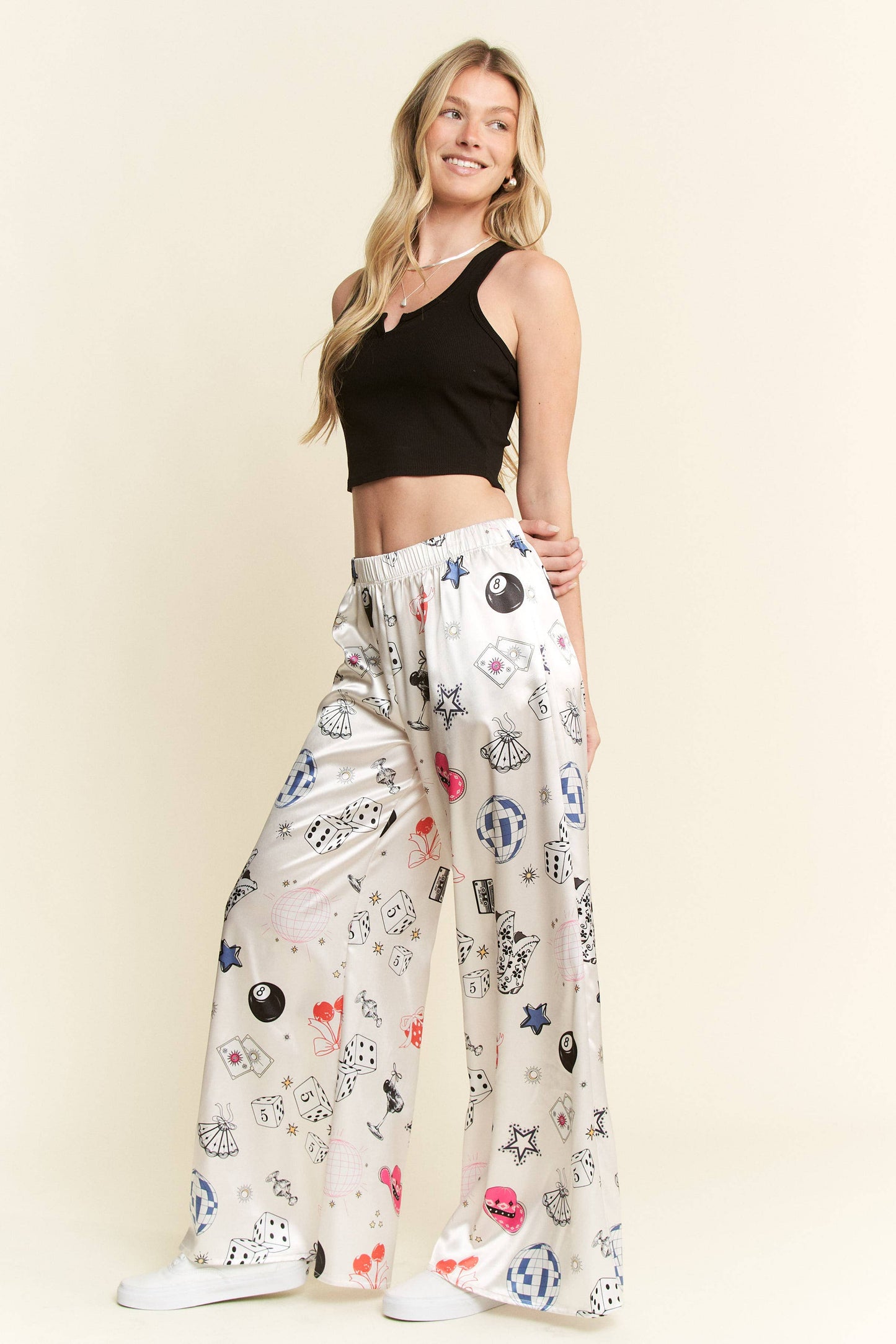 PARTY COLLAGE SATIN PANTS: Black / XL