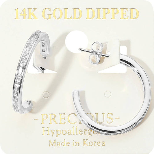 14K Gold Dipped Hypoallergenic Sparkling CZ Stone Accent Hoop Earrings: Gold